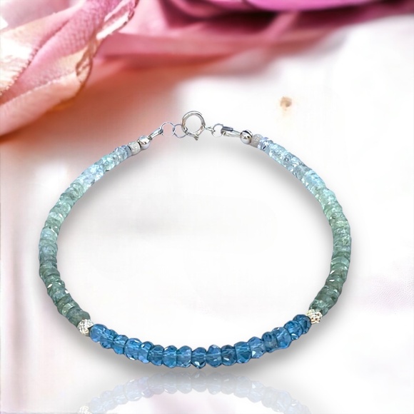 Natural London Blue Topaz, Ombre Green Sapphire Bracelet Handmade Solid 14k Gold - Picture 1 of 9